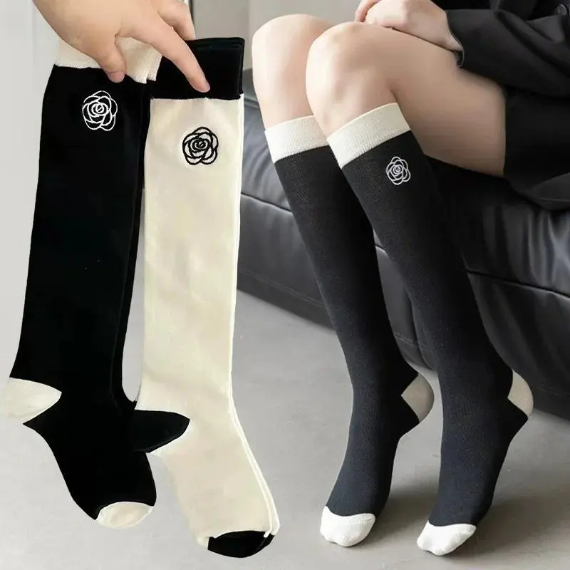 Tất Ống Dài Thêu Hoa Trà Lolita Nhật Bản, 1 Đôi, Dành Cho Phụ Nữ Và Trẻ Em Gái, Tất Cotton Hoa Ngọt Ngào Thích Hợp Cho Học Sinh, Tất Bắp Chân Phù Hợp Với Váy Ins