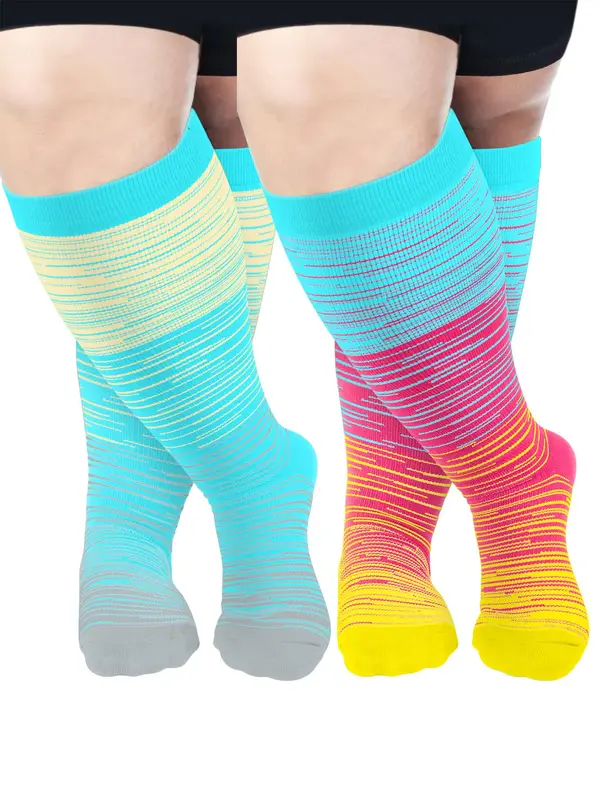 Plus Size 2 Pairs Striped Print Compression Over The Knee Socks, Athletic Running Socks, Soft Comfy Breathable Sports Socks for Women & Men Plus Size Outfits 2024 0