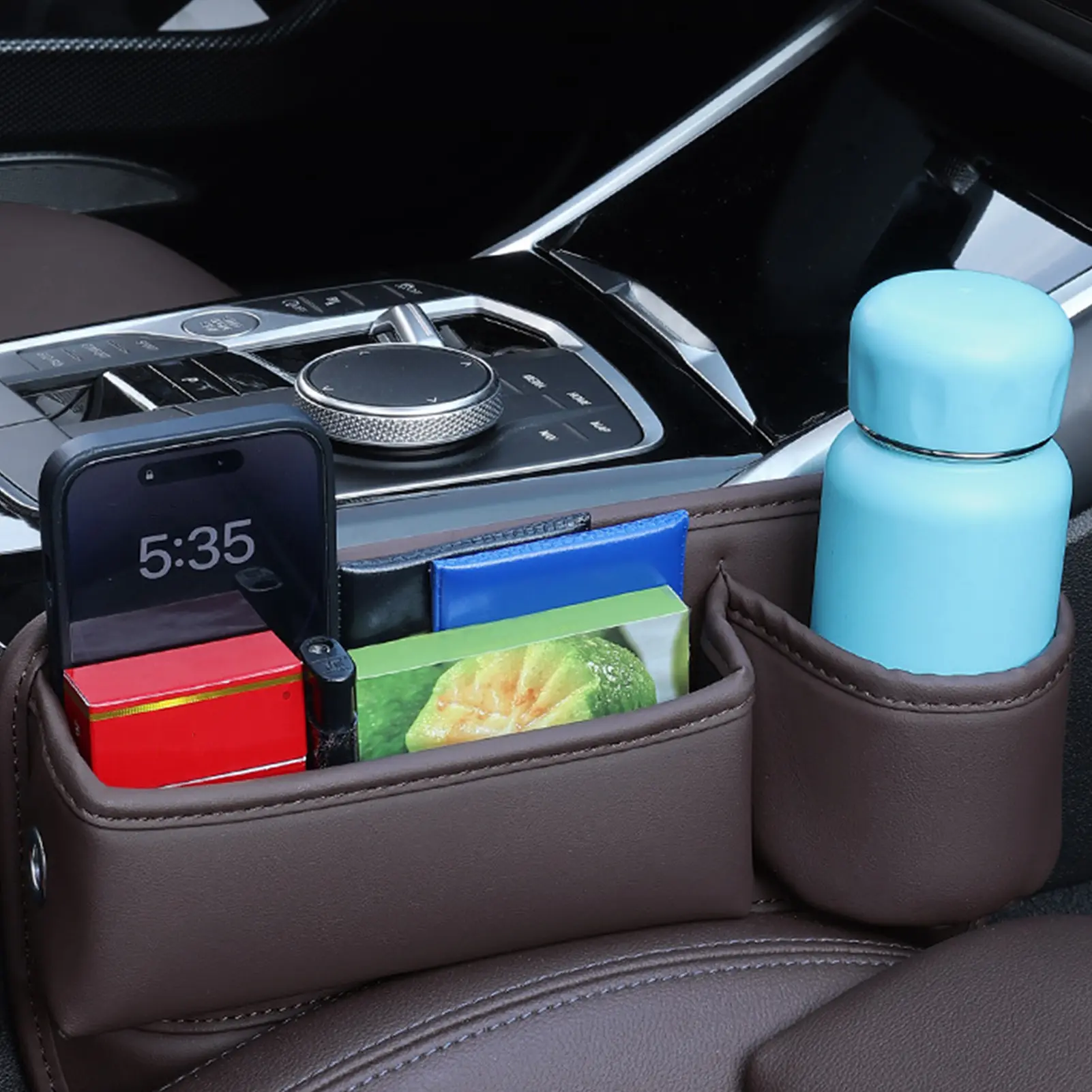 Creative Faux Leather Car Seat Gap Filler Large Capacity Easy Installation Automotive Seat Storage Box with Cup Holder Universal Seat Gap Organizer