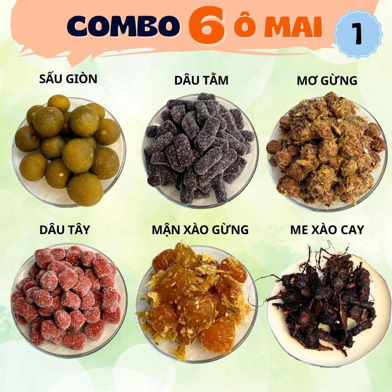 COMBO 6 VỊ Ô MAI - Sấu Giòn, Mận Khía, Mơ Xí Muội, Dâu Tằm, Me Cay, Dâu Tây, Mơ Gừng, Mận Xào Gừng, Me Gừng, Me Xào Cay - Minh Nguyệt Foods Ăn Vặt Chua  -TẾT