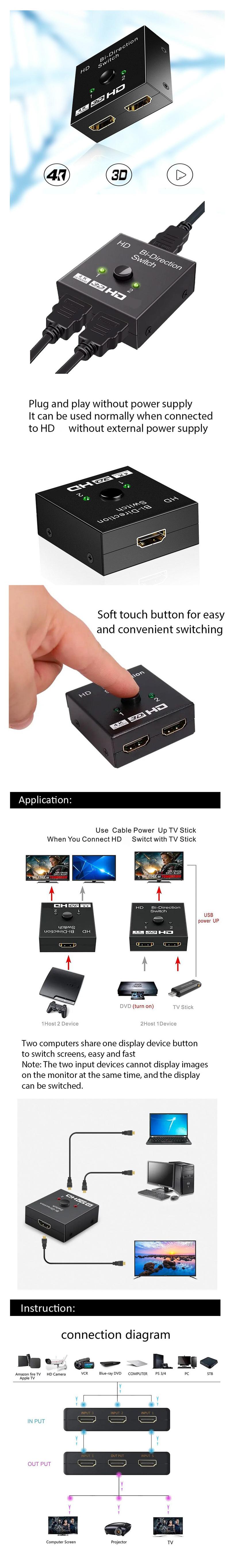 Product Introduction of 4K 60Hz HDMI-Compatible Switch 2 Port 2x1 1x2 Out Video Splitter for Laptop PC Xbox PS4 5 TV Box to Monitor TV Projector Adapter 18