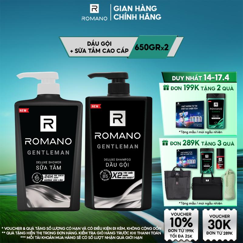 [ĐƠN 199K TẶNG 2 QUÀ] Combo Dầu Gội Và Sữa Tắm Dưỡng Thể Cao Cấp cho nam Romano Gentleman 650g/chai