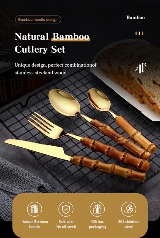 Product Introduction of 16/24PCS Creative Bamboo Handle Stainless Steel Tableware With Steak Knives Flatware Knives Set Includes Dessert Spoon Forks 18