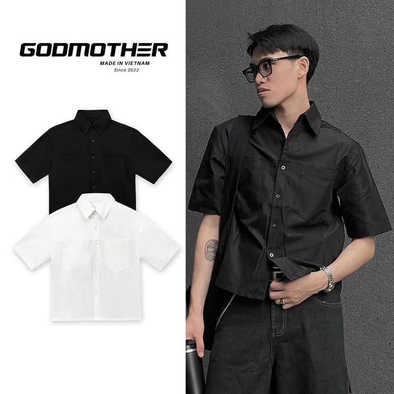 Áo Sơ Mi Boxy GODMOTHER Premium Áo Sơ Mi Cộc Tay Boxy Shirt White/Black 2023