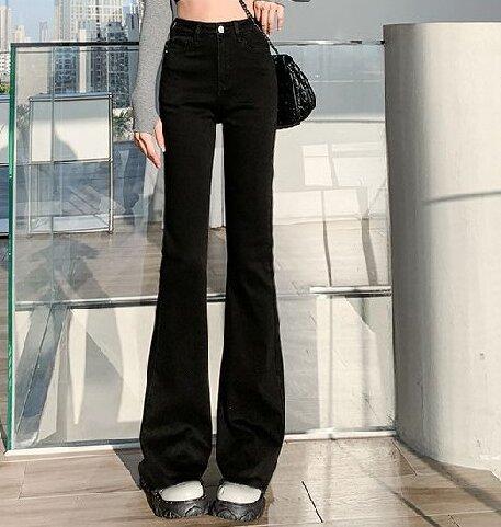 Product Introduction of Jeans Hitam Berkobar Mikro Ukuran Besar untuk Wanita, Jeans Pinggang Tinggi, Pelangsing, Menutupi Lantai, Celana Melar Melebar/812 22