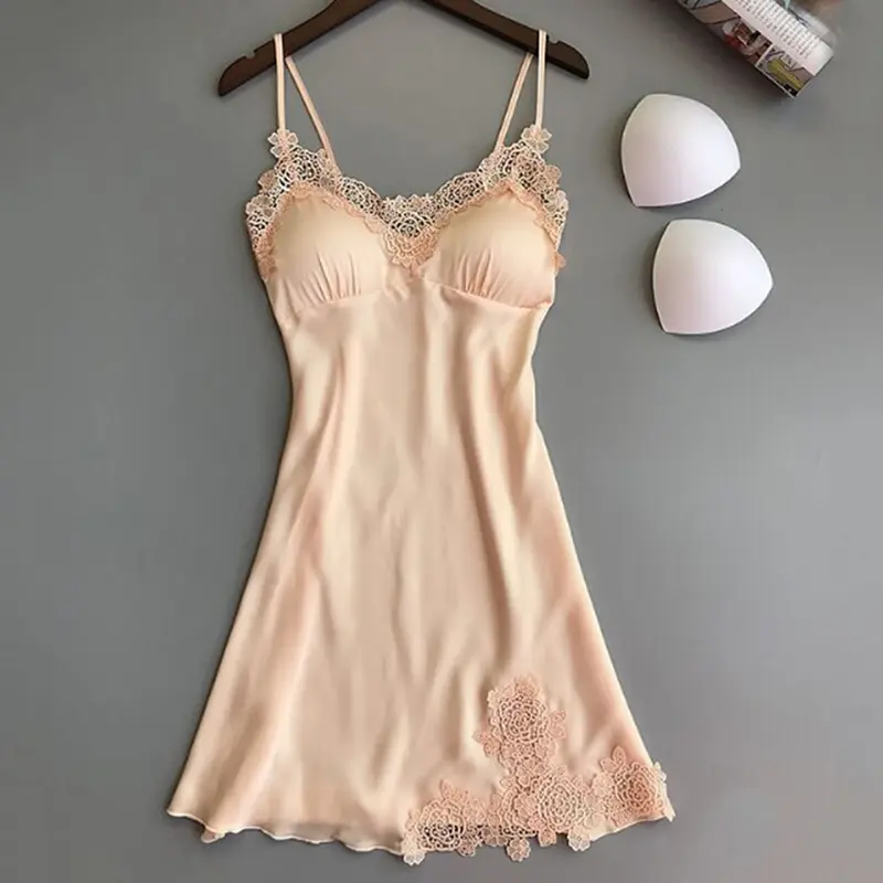 Baju tidur renda sutera untuk wanita, Pakaian dalam seksi, jubah, gaun, Babydoll, pakaian tidur Dusty Pink Dress