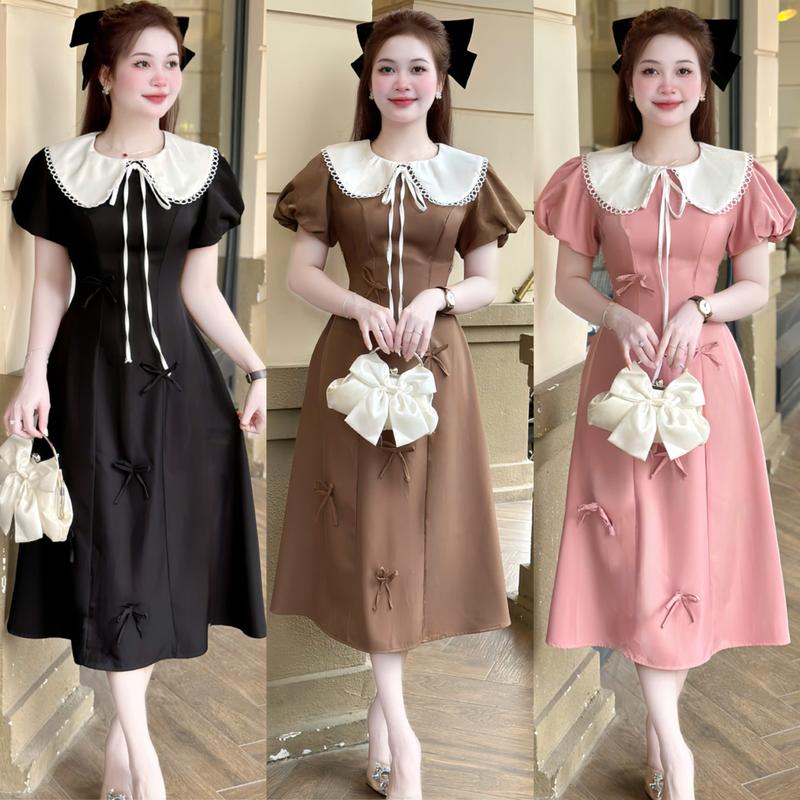 [FREESHIP] C19- Đầm Dự Tiệc Tiểu Thư đính Nơ , dáng dài xòe , Vải Tây Mềm Mịn, Đi Làm, Đi Chơi,  đủ size SMLXL-Mijustore Nữ Women Dress Thun Nâu vaytet