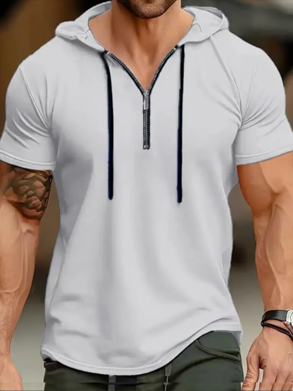 Men's Solid Zip Up Hooded Tee, Regular Fit Casual Breathable Short Sleeve T-shirt for Summer, Men's Top for Daily Wear, Sweatshirts 0