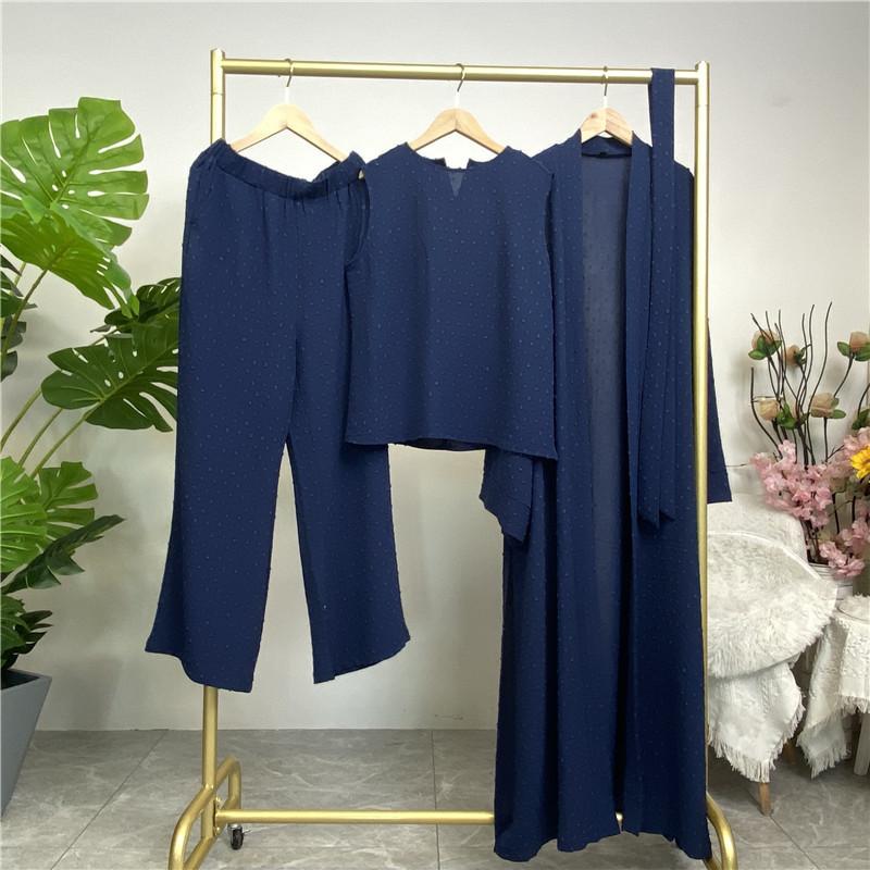 Product Introduction of Robe Three-Piece Set Long Cardigan Sleeveless Top and Pants with Pockets Muslim Islamic Clothing 1958 29