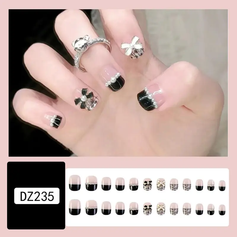 24pcs 3D Bow Decor Fake Nails & 1 Sheet Tape & 1 Count Nail File & 1 Count Stick, Faux Pearl Decor Press On Nails For Women & Girls DIY Nail Art, Elegant Stick On Nails Kit 2