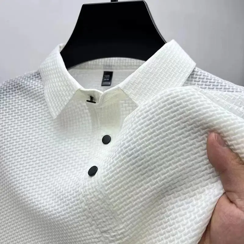 Áo Polo Lụa Lạnh Hàng Mới Về, ngắn Tay, Dành Cho Nam Giới, Mặc Mùa Hè, Mỏng Vừa Vặn, Cao Cổ, Thích Hợp Mặc Công Sở 3
