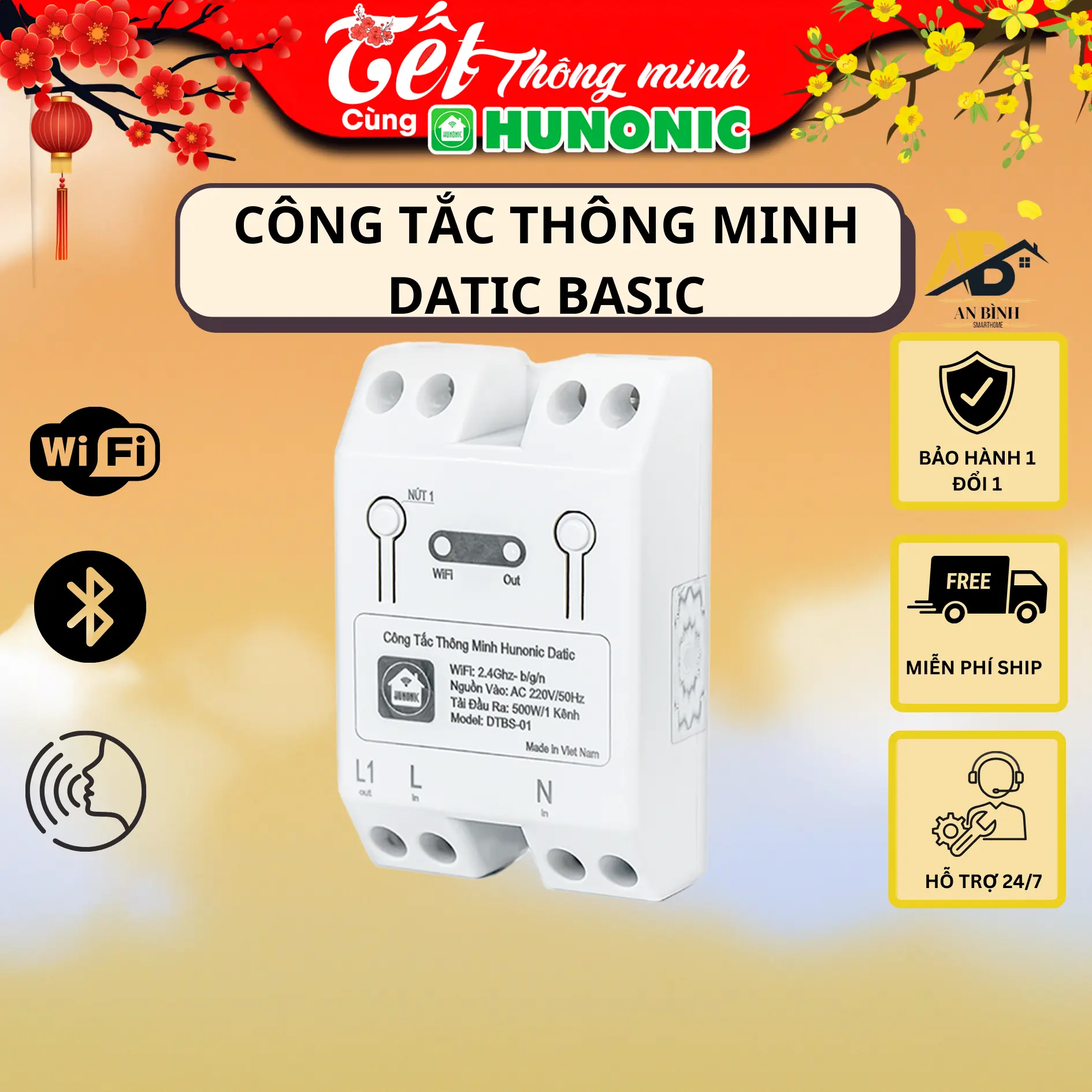Công Tắc Thông Minh WiFi Hunonic Datic Basic 500W DTBS01 Điều Khiển Hẹn Giờ Từ Xa Trên Điện Thoại - Điều Khiển Từ Xa