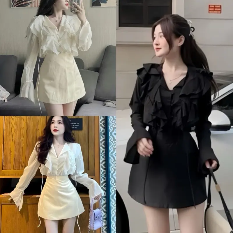 Sét áo sơ mi voan cổ v viền bèo cúc ngọc kèm chân váy xoè chữ A tafta lưng cao màu trắng đen, Sơ mi voan kiểu tay bồng, CONAN SHOP Kem Nữ