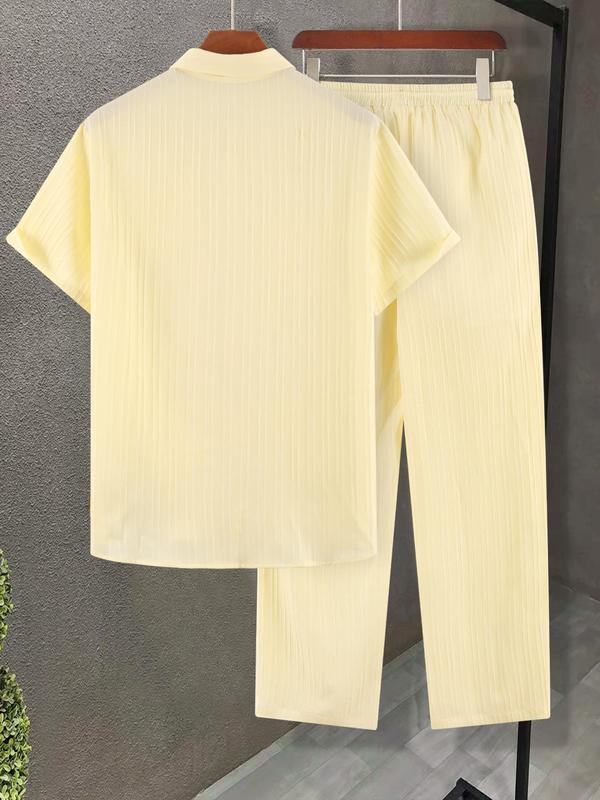 Men's 2pcs Button Front Shirt & Drawstring Pocket Pants Set without Tee & Necklace, Casual Short Sleeve Collar Shirt & Elastic Waist Trousers, National Day Clothing, Men's Two-piece Outfits for Summer 2