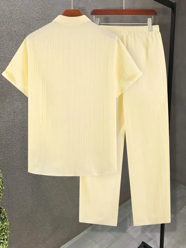 Men's 2pcs Button Front Shirt & Drawstring Pocket Pants Set without Tee & Necklace, Casual Short Sleeve Collar Shirt & Elastic Waist Trousers, National Day Clothing, Men's Two-piece Outfits for Summer 1