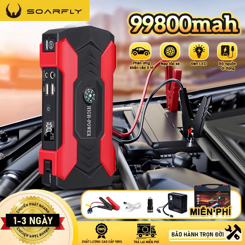 【99800mAh Kích bình ô tô , bộ kích bình xe hơi, Bộ kích điện khẩn cấp bình ắc quy cao cấp, kiêm sạc dự phòng , đèn LED, chính hãng