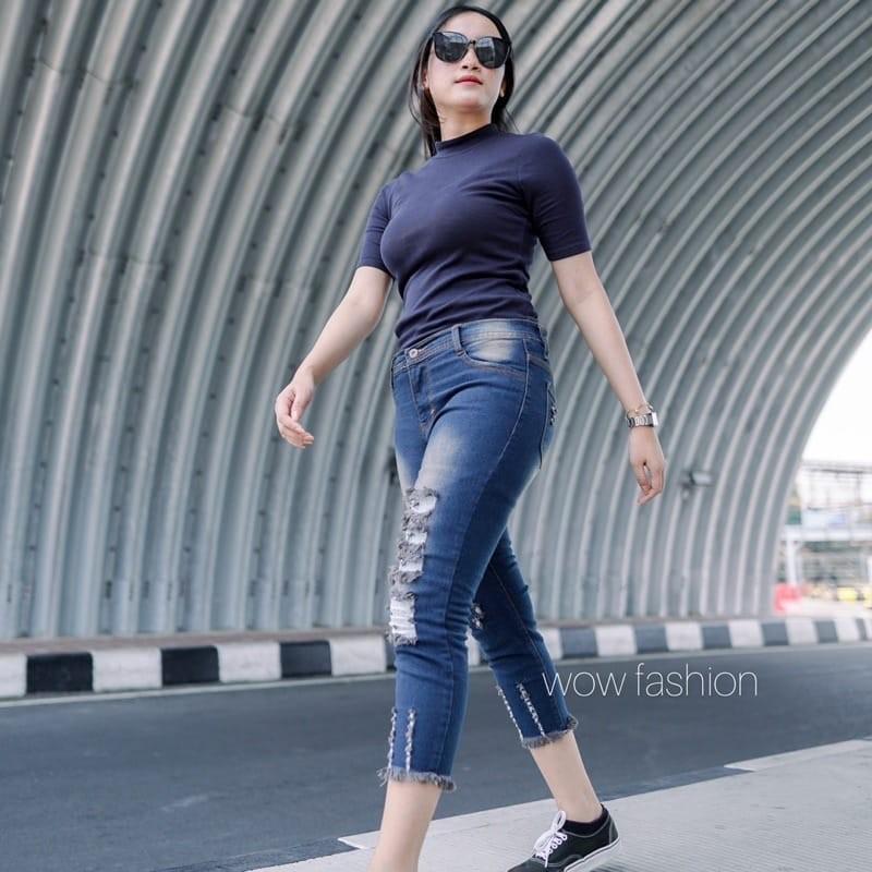 Product Introduction of jener celana jeans wanita 7/9 model sobek-sobek street kekinian ada lapisan bawah rawis kaki melar Soft Stretch 0