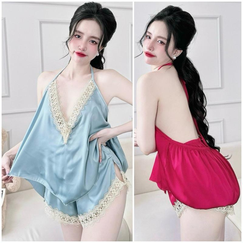Đồ Ngủ Nữ Áo Yếm 2 Dây Quần Đùi Viền Ren Hoa Lụa Latin Đồ ngủ nữ mặc nhà pyjama Set Yếm Xinh Kem Women Ren Se.xy rose  đồ pijama đồ  ngủ khoe vòng 1
