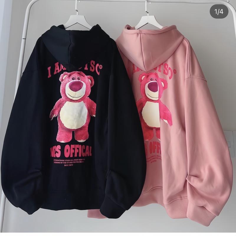 Áo Khoác Hoodie Lót Nỉ CHÚ GẤU Nam Nữ Freesize Dưới 55kg Nhung Kem Voi  Women Đen Top 0
