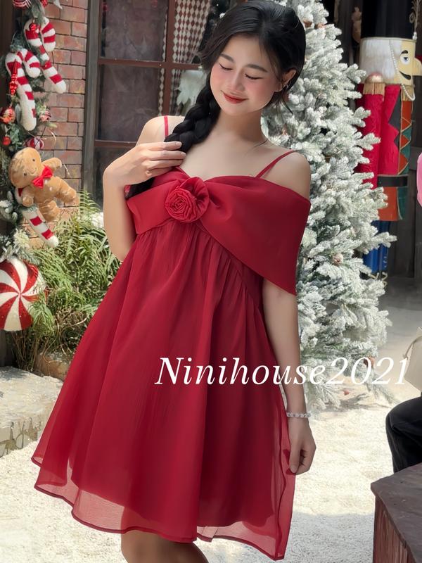 Đầm váy Babydoll tiểu thư phối hoa nơ tiểu thư bánh bèo - D51 cho nữ - Dress