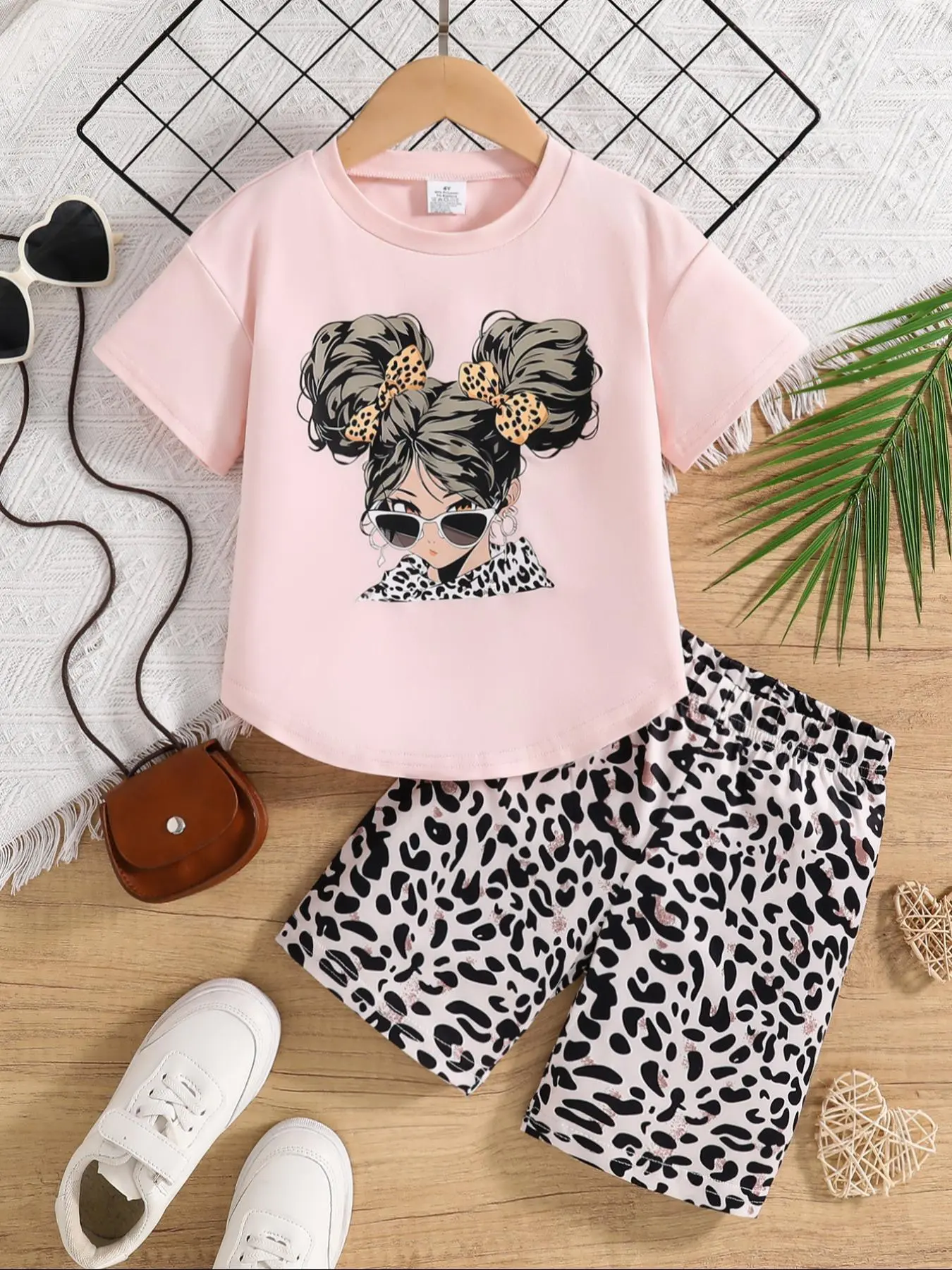 Girl's Leopard Print Short Sleeve Tee & Shorts Two-piece Set, Casual Round Neck T-shirt & Shorts for Daily Wear, Kids Summer Clothes