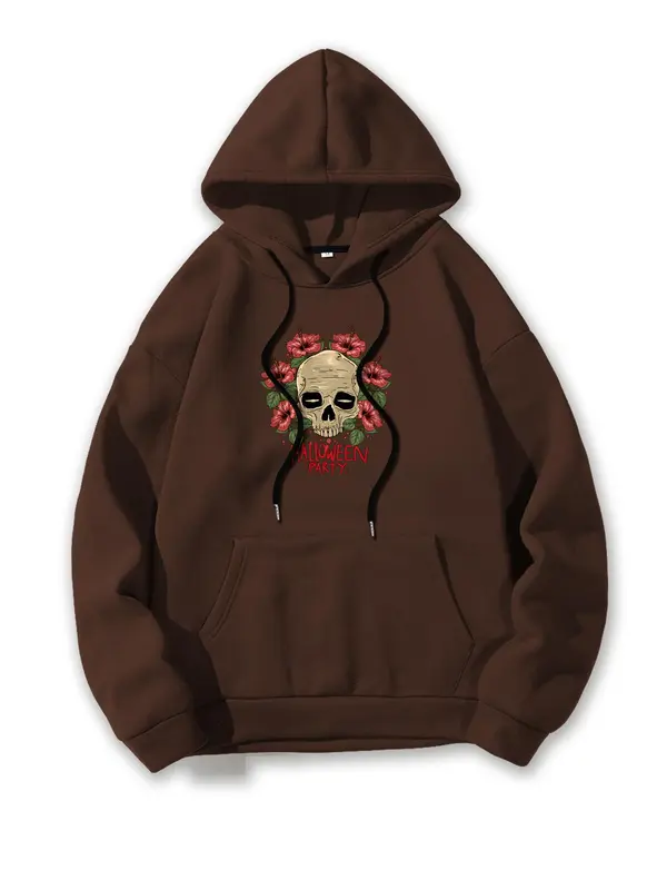 Men's Skull & Floral Print Drop Shoulder Thermal Lined Hoodie, Fashion Casual Drawstring Pocket Hooded Sweatshirt for Daily Holiday Outdoor Wear, Men Clothes for Fall & Winter 8