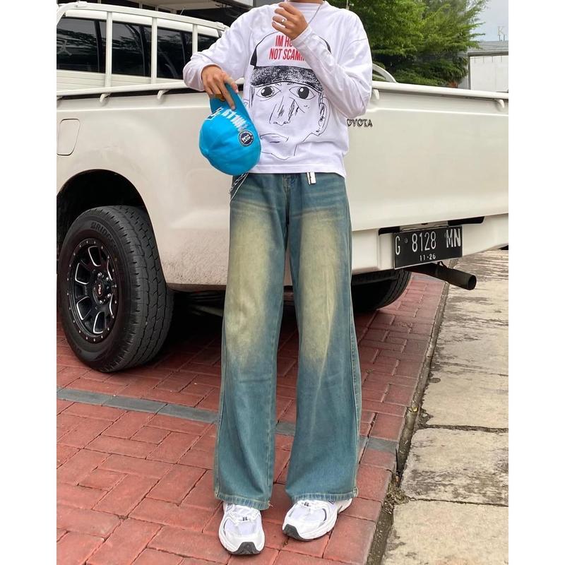 Celana Jeans Kulot Pria Baggy Pants Skena Y2K Pinggang Loose Straight Jumbo Cowok Biru Hitam Shabby Chic Loose-fitting - Basic Pendek Panjang Distro Vintage Santai Wanita Dewasa Casual Oversize 6