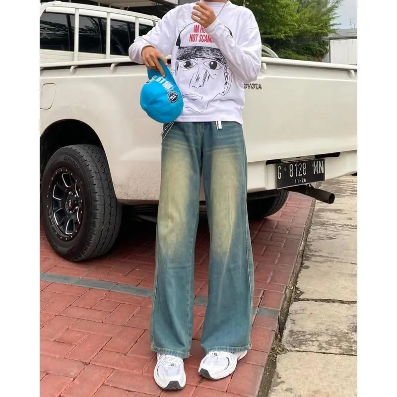 Celana Jeans Kulot Pria Baggy Pants Skena Y2K Pinggang Loose Straight Jumbo Cowok Biru Hitam Shabby Chic Loose-fitting - Basic Pendek Panjang Distro Vintage Santai Wanita Dewasa Casual Oversize 6