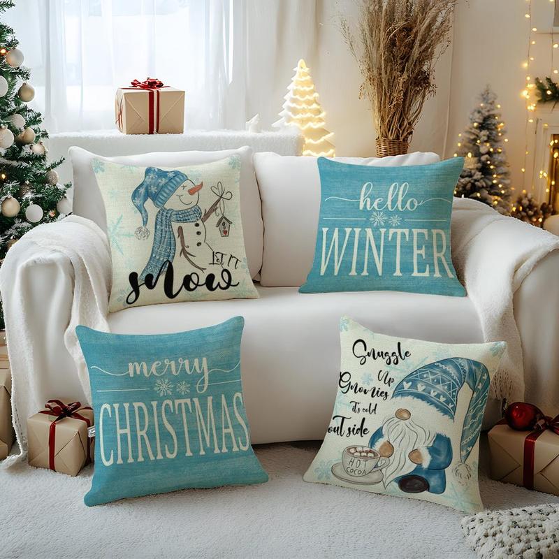 Product Introduction of Christmas Themed Cushion Cover, 4 Counts/set Snowflake & Santa Claus Pattern Cushion Cover without Filler, Household Decoration Supplies for Living Room Bedroom Sofa Bed 5