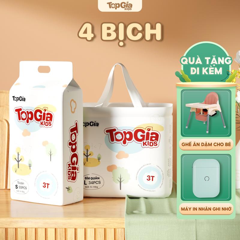 4 BỊCH (TẶNG QUÀ) Tã/Bỉm cho bé, bỉm TopGiaKids pH < 7 ngừa hăm, đai chun đệm mây mềm mại co dãn 4 chiều, thấm hút bề mặt khô thoáng size S đến XXXL cho bé từ 4-20kg kem (bỉm)