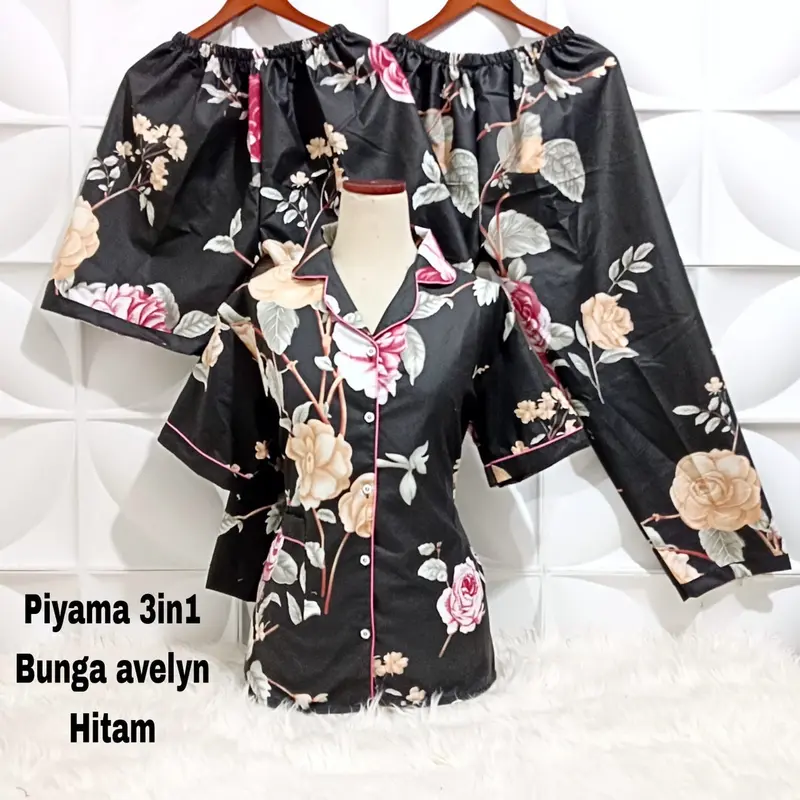 piyama wanita 3in1 motif bunga edition 7