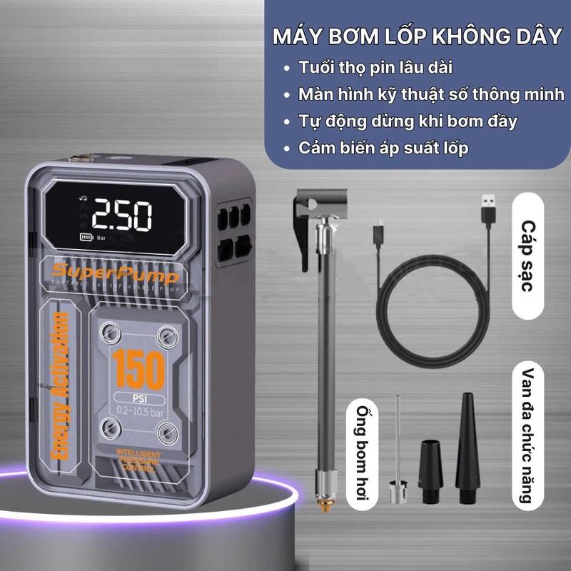 Máy bơm lốp xe, máy bơm hơi điện tử không dây có ba chức năng bơm hơi, sạc dự phòng và đèn pin, đồ dùng ô tô-LAMJAD SRORE