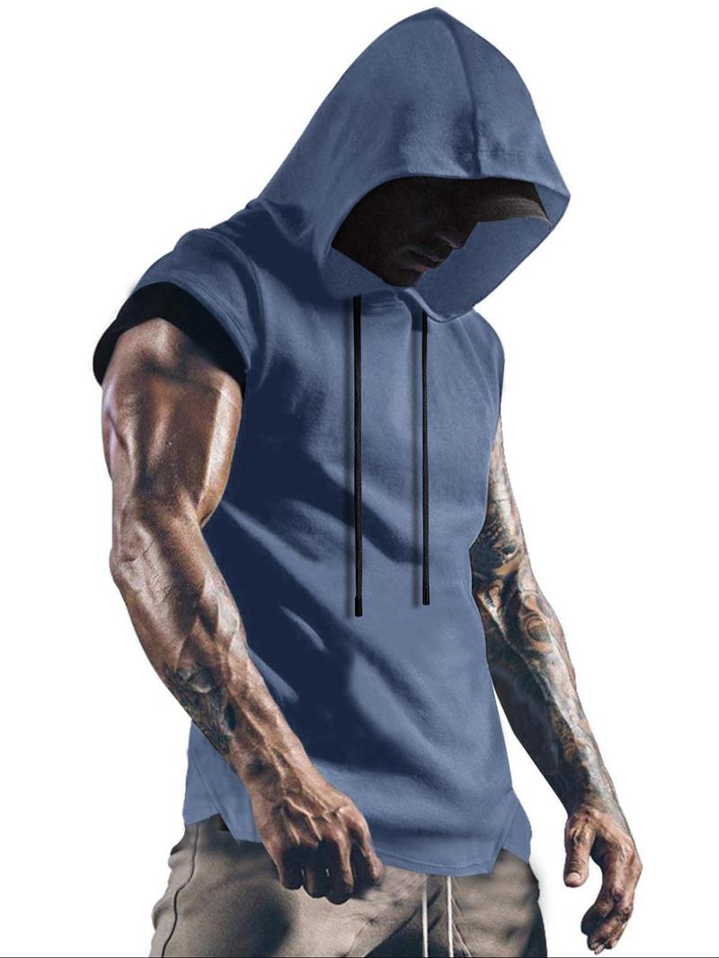 Product Introduction of Men's Solid Color Drawstring Asymmetrical Hem Hooded Tank Top, Regular Fit Casual Comfy Soft Fabric Sleeveless Top for Daily Wear, Menswear for All Seasons 4