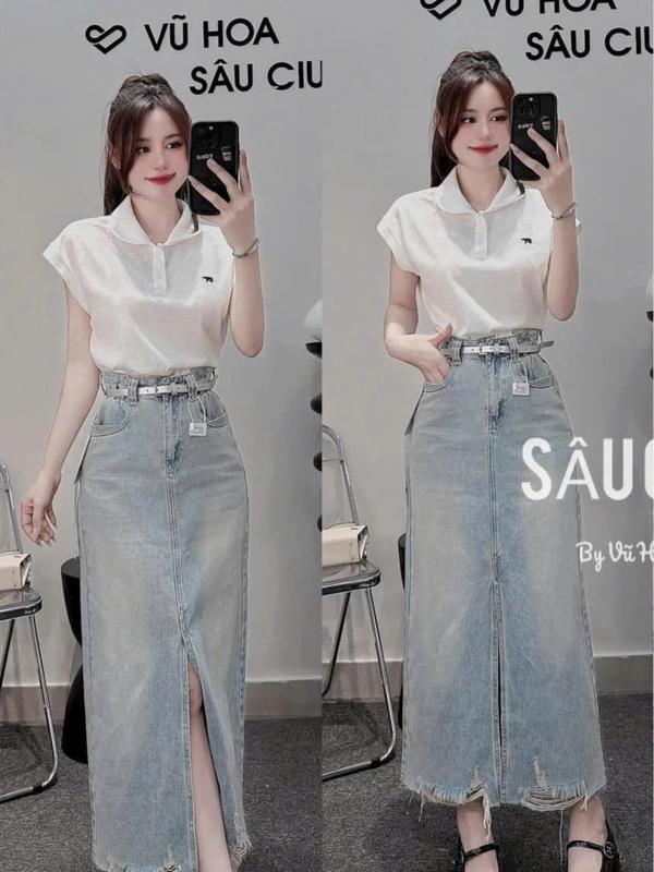 Set đồ nữ áo thun trắng phối chân váy jeans qc xẻ tà trước nữ tính phù hợp đi làm đi chơi D787 Women Top