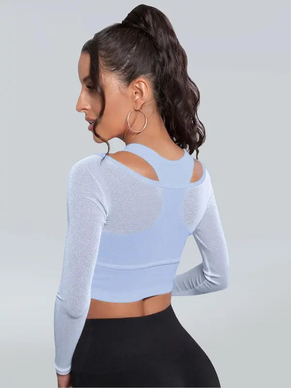 Women's Solid Color Sports Top, Sporty Long Sleeve Crop Top with Removable Chest Pad, Ladies Sportswear for Indoor Outdoor Wear 7
