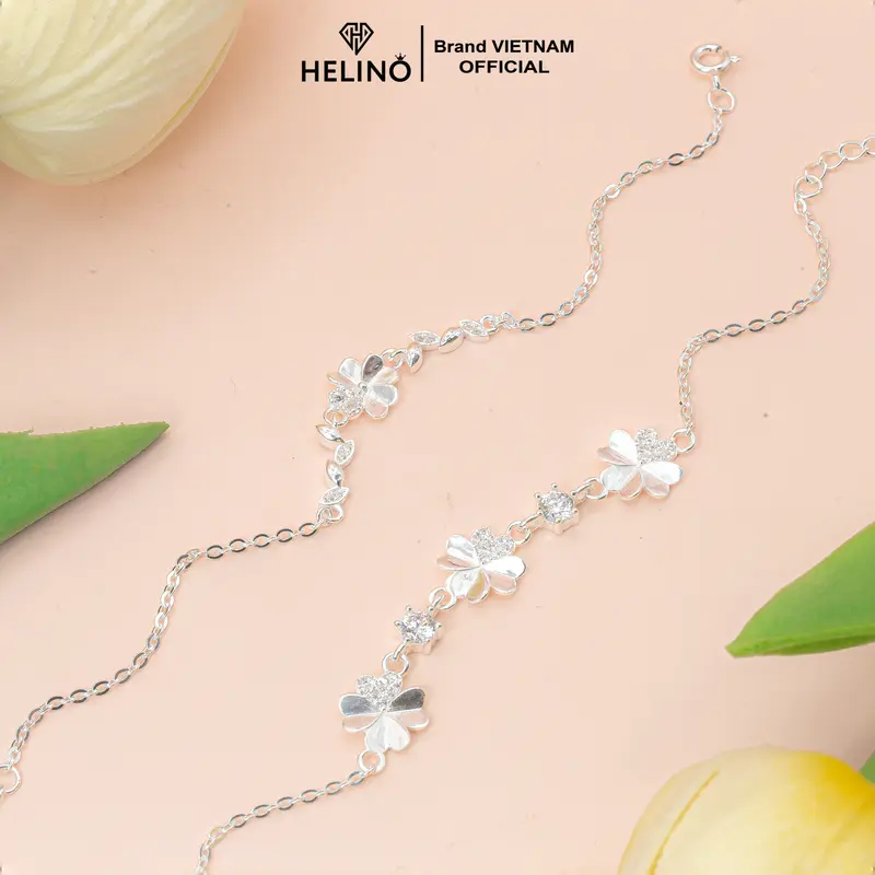 Lắc tay bạc nữ HELINO, Lắc tay cỏ bốn lá mix đá V01 6