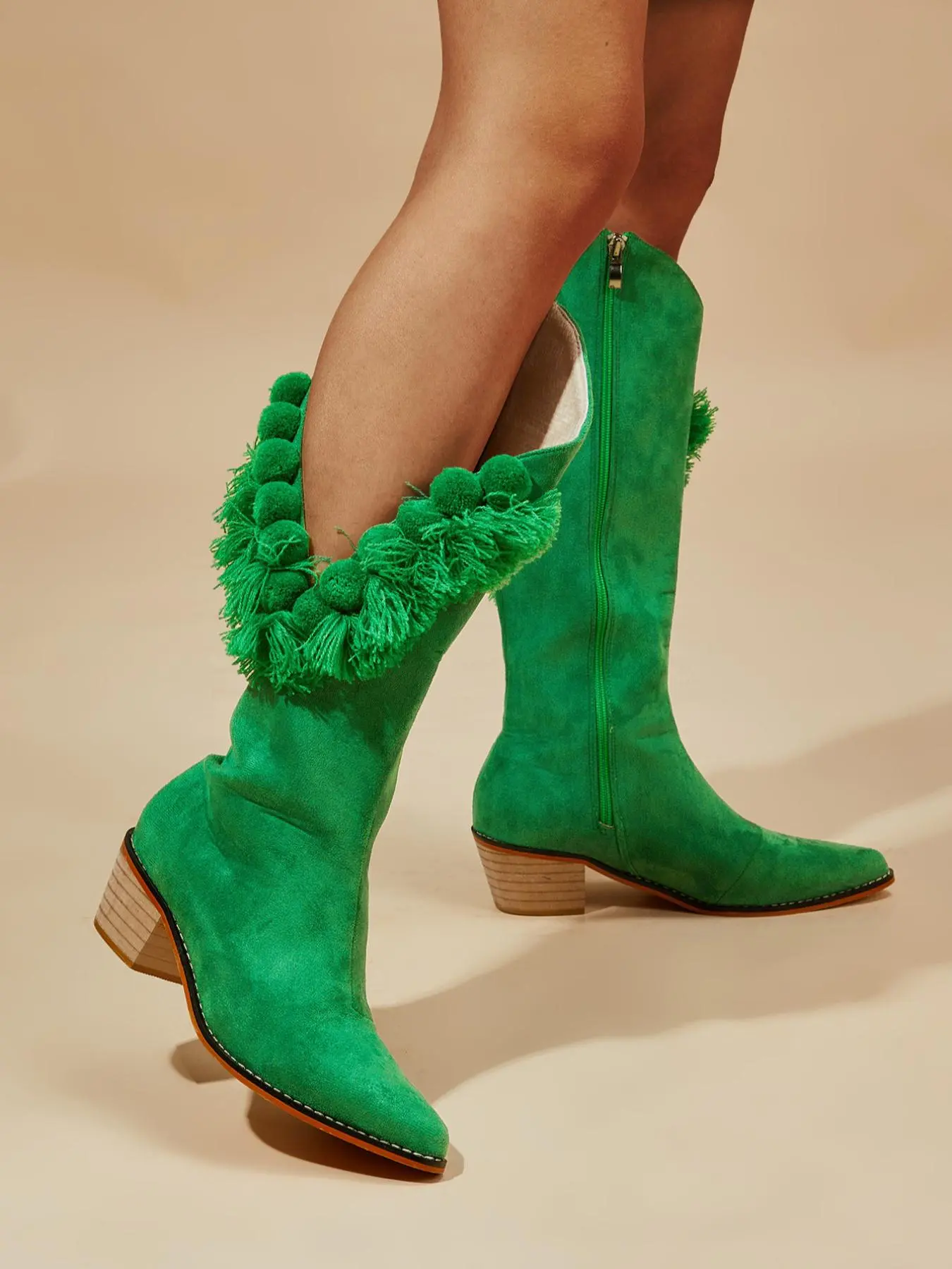 Women's Solid Color Mid-calf Boots, Pointed Toe Side Zipper Knee High Boots for Fall & Winter, Tassel Design Fluffy Boots, Botas Para Mujeres, Fall Outfit