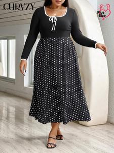 CURVZY Plus Size Polka Dot Print Contrast Binding Tie Front A Line Dress, Casual Long Sleeve Square Neck Dress for Fall, Women's Clothes for Daily Wear