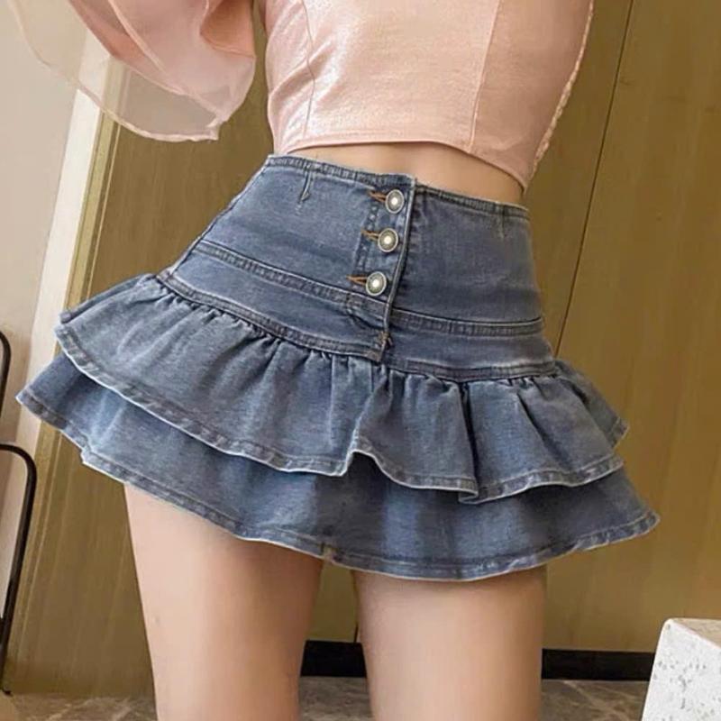 Chân váy jean xoè hàng nút 2 tầng đuôi cá xinh ngắn có lót đủ size