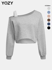 YOZY Valentine's Day Gift for Girl, Women's Plain Asymmetrical Neck Crop Tee, Casual Fashion Asymmetrical Hem Drop Shoulder Long Sleeve T-shirt for Daily Wear, Ladies Clothes for All Seasons, Fall & Winter Clothes