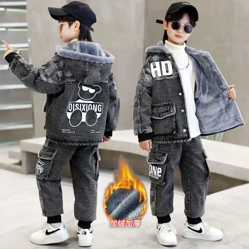 Bộ Quần Áo Mùa Đông, Cho Bé Trai, Lót Lông Cừu Denim, Dày Dặn, Bộ Đồ Hai Mảnh, Thích Hợp Cho Trẻ Em Và Thanh Thiếu Niên, Thời Trang Đẹp Trai Và Hợp Xu hướng Hàng Mới Về