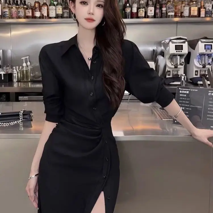 Váy Sơ Mi Nữ, Ngoại Cỡ Nhẹ Nhàng, Phong Cách Pháp Màu Đen, Cao Cấp, Xếp Ly, Dài Tay, 150,00kg, Thích Hợp Cho Mùa Hè, Hàng Mới Về, Thanh Lịch, Hoàn Hảo Cho Các Cô Gái, Áo Sơ Mi