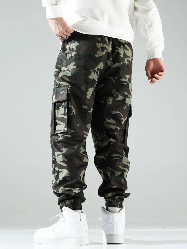 Men's Camo Print Drawstring Waist Cargo Pants, Regular Fit Flap Pocket Utility Pants, Men's Trousers for All Seasons, Lounge Men Clothes 1
