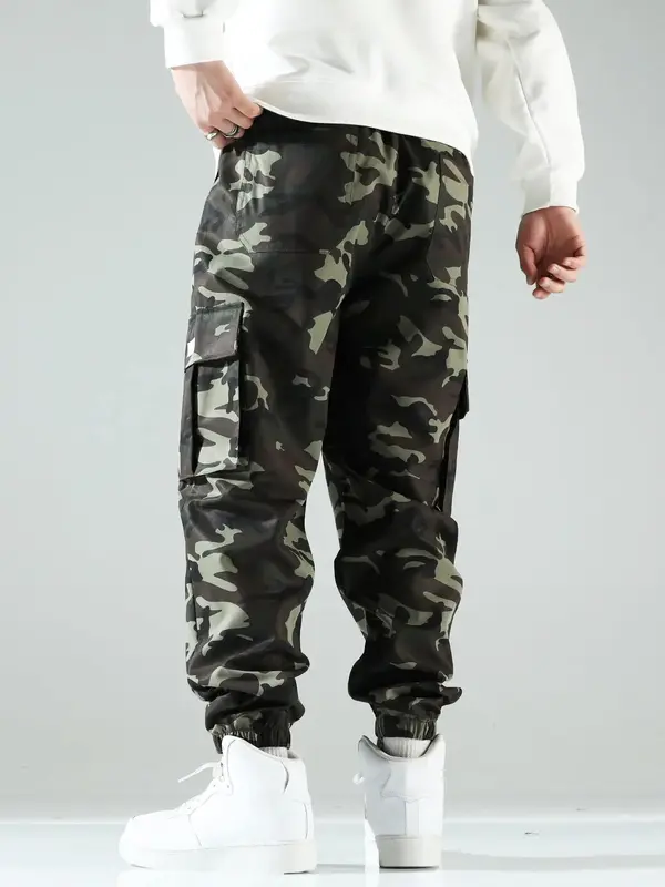 Men's Camo Print Drawstring Waist Cargo Pants, Regular Fit Flap Pocket Utility Pants, Men's Trousers for All Seasons, Lounge Men Clothes 1
