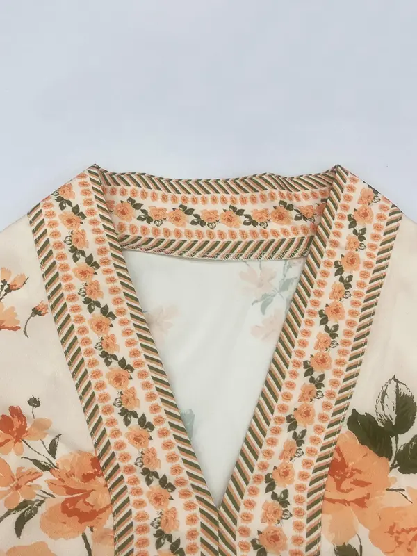 Women's Floral Print Belted V Neck Dress, Boho Fashion Casual Lantern Sleeve Short Dress for Daily Holiday Vacation Wear, Women Dress for All Seasons, Womenswear 5