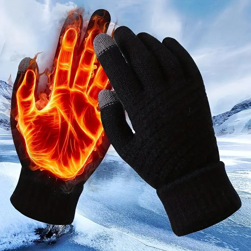 Knitted Thermal Winter Thickened Gloves, Solid Color Touch Screen Sports Gloves for Cycling & Hiking, Outdoor Windproof Gloves