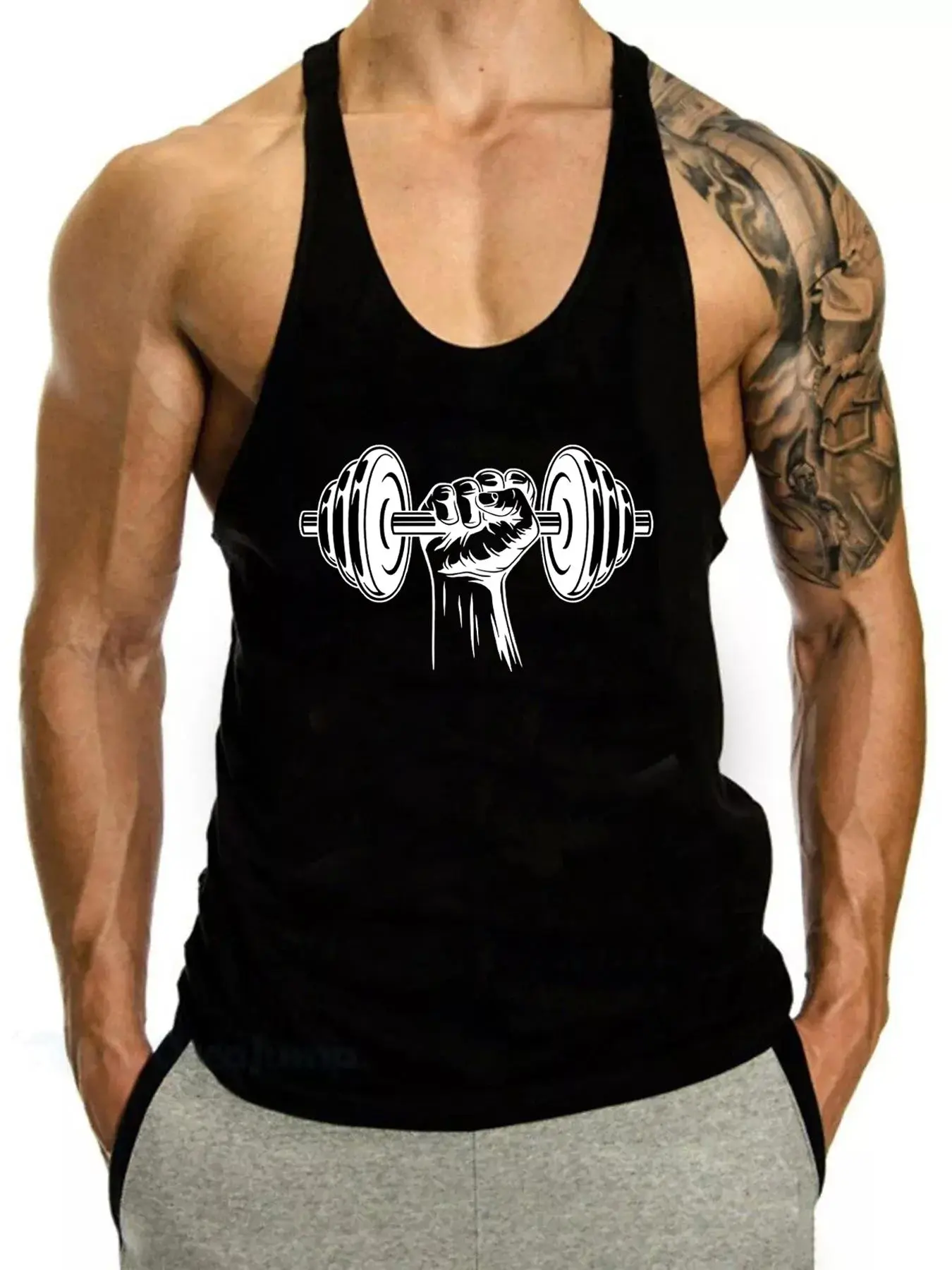 Men's Regular Fit Barbell Print Tank Top, Casual Graphic Sleeveless Top for Daily Wear, Men's Top for All Seasons, Socks