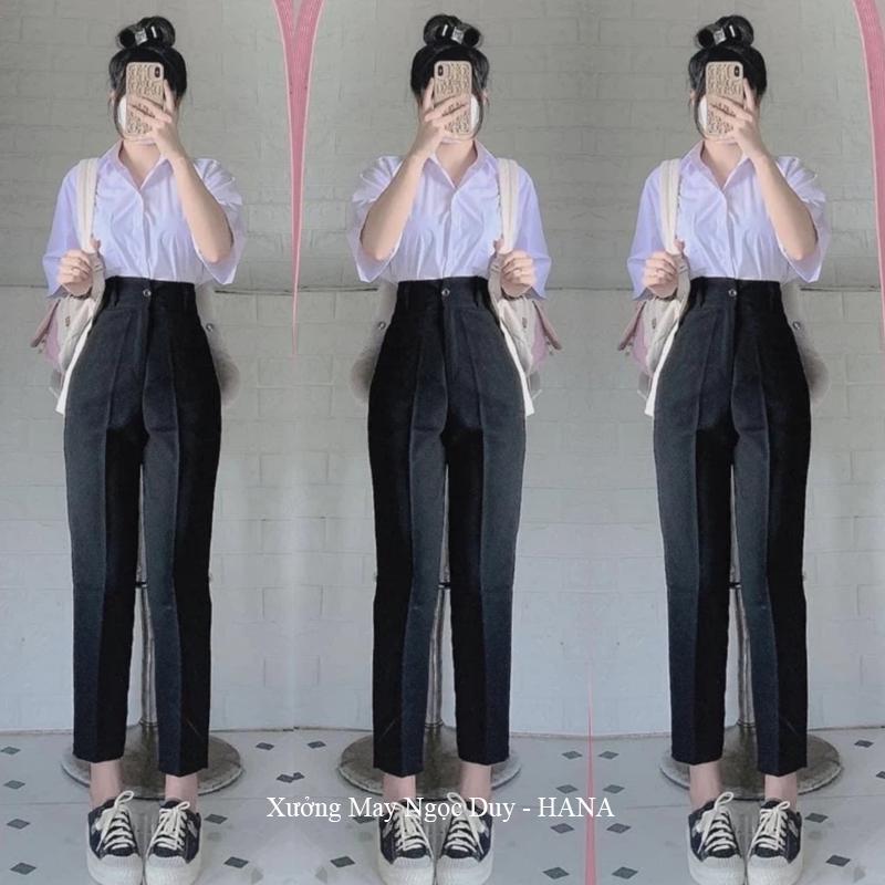 Quần tây đi học lưng cao nữ m50 m55 m60 m65 màu Đen Xanh Đen - Quần baggy học sinh nữ cấp 3 2 vải Vitex dày mềm đáy cao