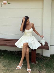 Hepburn-Inspired Spaghetti Strap Mini Dress - Slim-Fitting Voluminous Puff Skirt, Sicilian Summer Beach Wedding Guest Gown, TikTok Viral Y2K Hot Girl Bodycon Dress with Thin Straps - Retro Chic Corset Waist Party Dress for Women