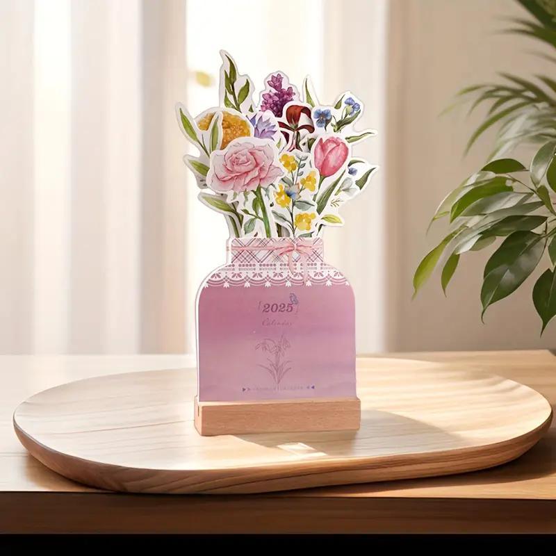 Product Introduction of 2025 Flower Themed Desktop Calendar, 1 Count Creative Desktop Calendar with Wooden Base, Office Stationery & Supplies 3